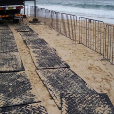 Beach access mats creating a safe walkway across sand to the shoreline.